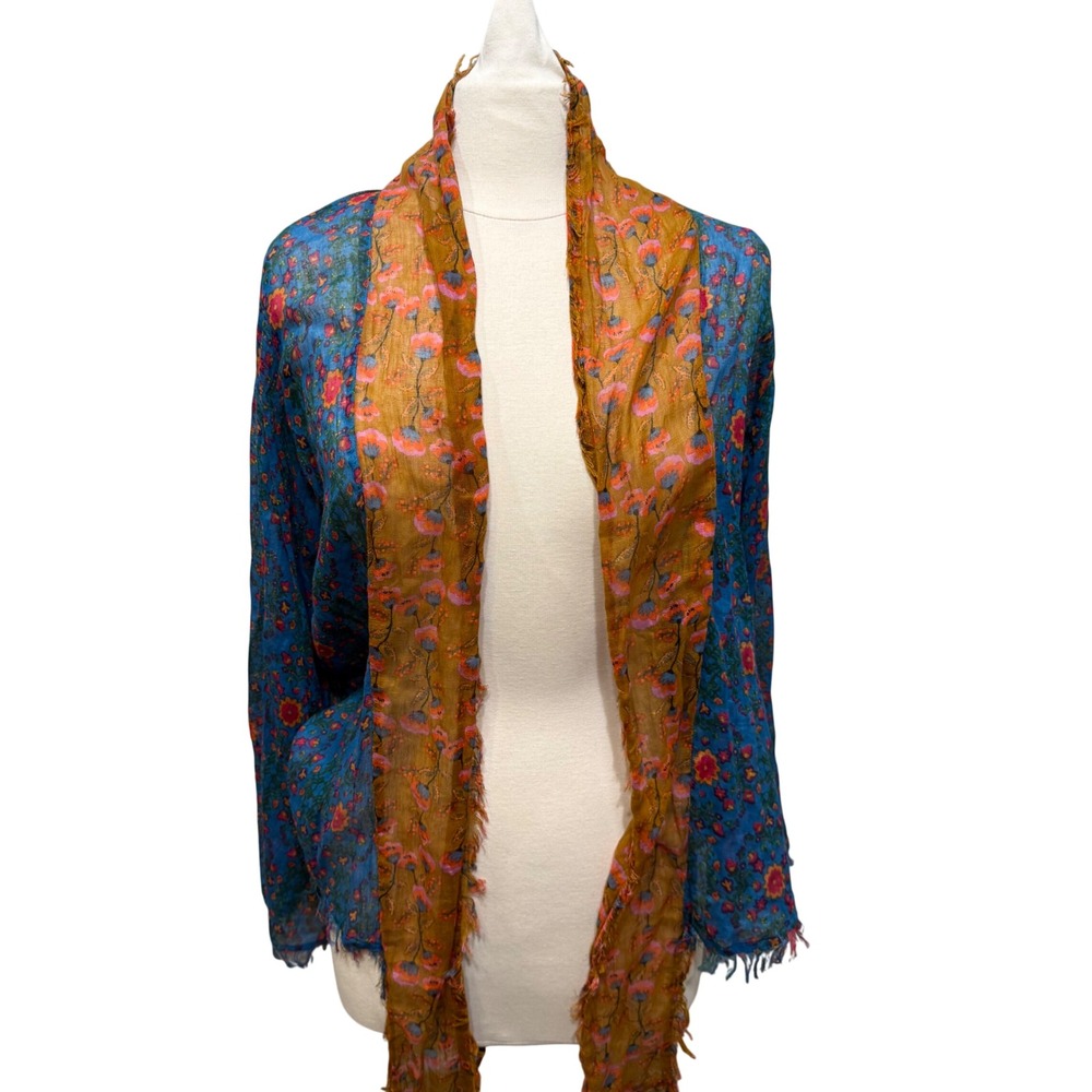 Natural Life Floral Sheer Kimono Jacket Blue Open Front Scarf Neck Fringe Boho